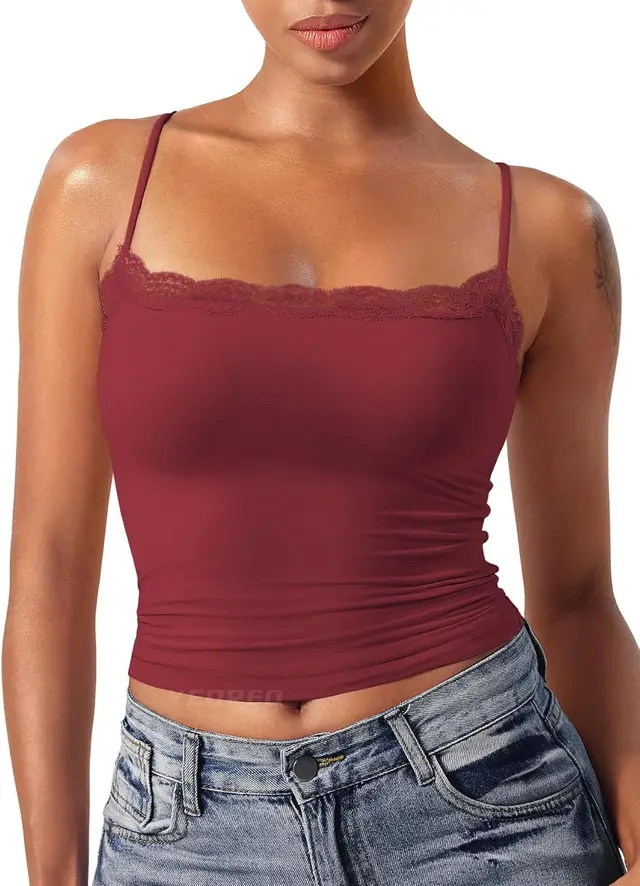 Women's Lace Camisole Square Collar Sexy Sleeveless Top Brick Red - Shop at LoveMi