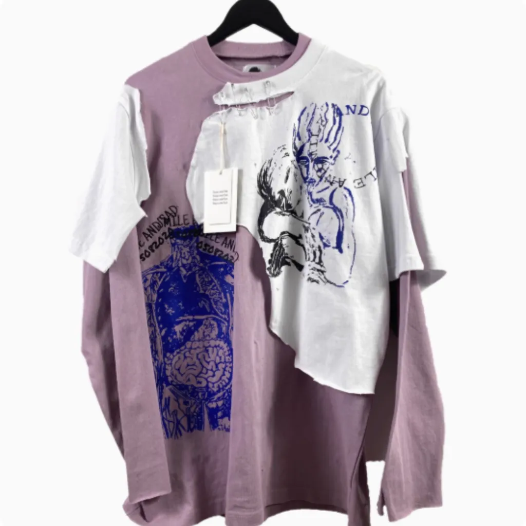 Artistic Print With Two Pieces Of Distressed Long Sleeves - Pale Pinkishgrey