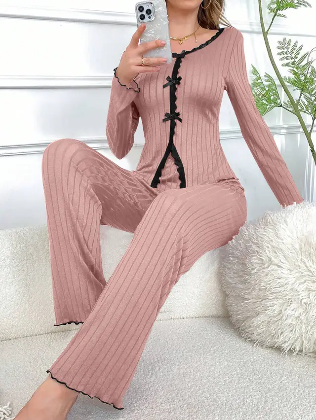 Long Sleeve Trousers Casual Homewear Lace Cardigan Suit Pink - Shop at LoveMi