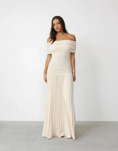 Off shoulder Pleated New Versatile Dress Apricot Beige - Shop at LoveMi