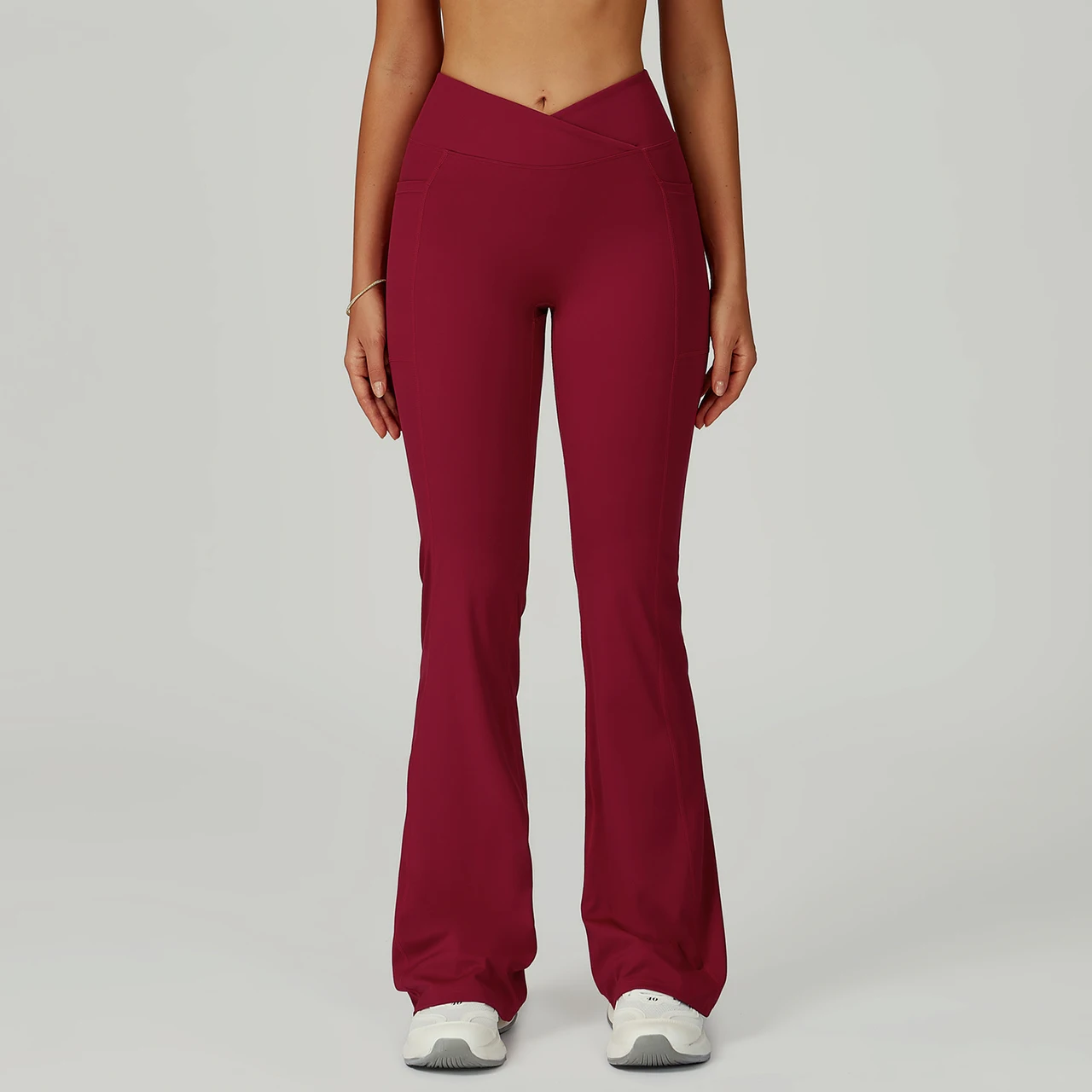 High Waist Nude Feel Bell-bottom Pants Women's Casual Sports Pants - Cherry Red