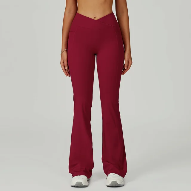 High Waist Nude Feel Bell bottom Pants Women's Casual Sports Pants Cherry Red - Shop at LoveMi