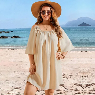 Casual Round Neck Sexy Off the shoulder Short Sleeve Dress Khaki - Shop at LoveMi