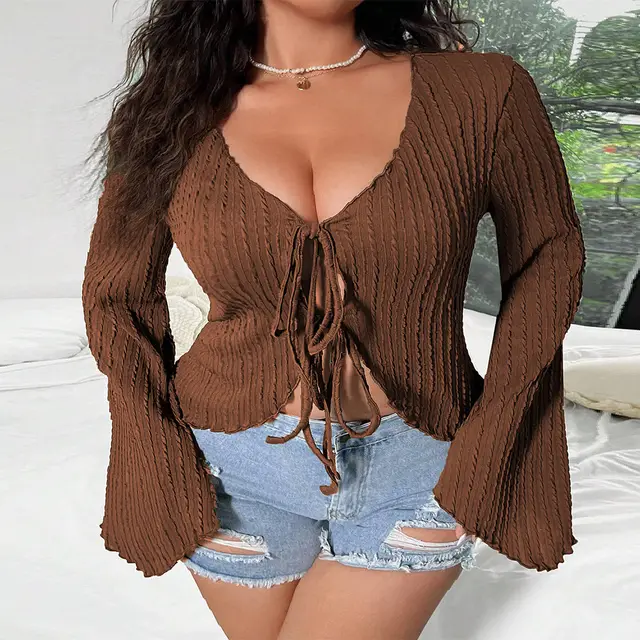 Sexy Sweet And Spicy Style V neck Flared Sleeves Slim Fit Tied Cardigan Top Brown - Shop at LoveMi