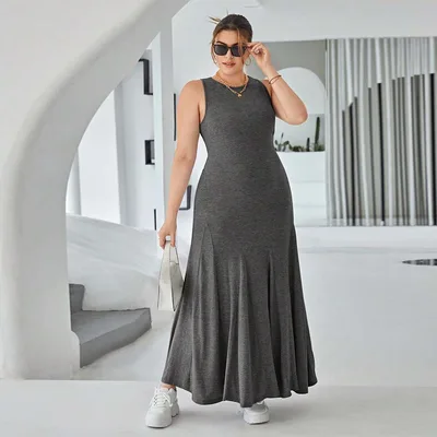 Sleeveless Dress Summer New High Waist Slim Fit Long Dress Gray Grey - Shop at LoveMi