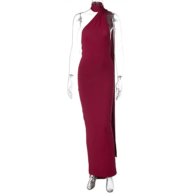 Sexy Backless Pleated Slim fit Solid Color Sleeveless Elegant Dress Wine Red - Shop at LoveMi