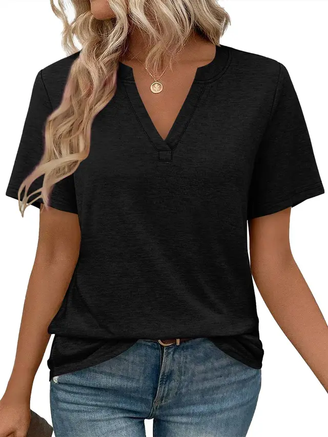Women's Solid Color And V neck T shirt Top Black - Shop at LoveMi