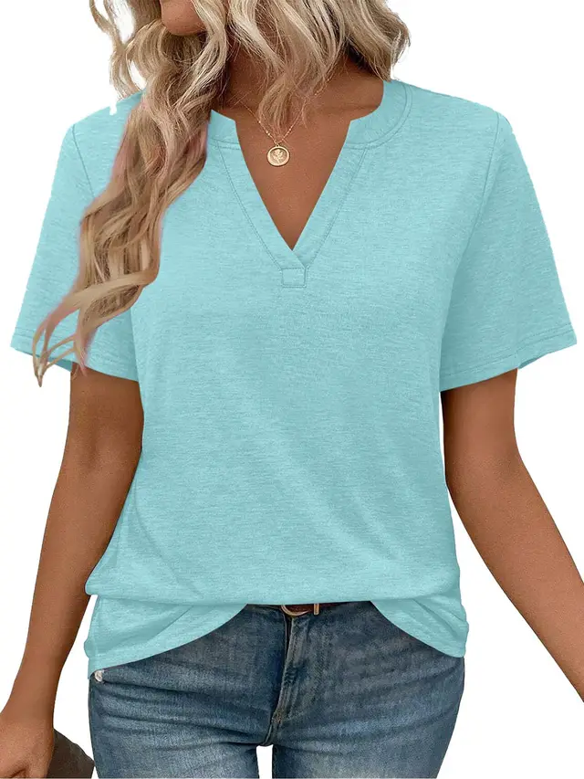 Women's Solid Color And V neck T shirt Top Light Blue - Shop at LoveMi