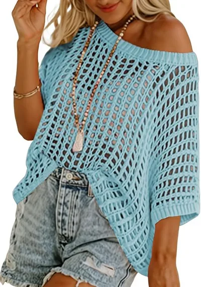 Half Sleeve Sexy Cutout Hollow Pullover Beach Cover up Knitted Top Light Blue - Shop at LoveMi