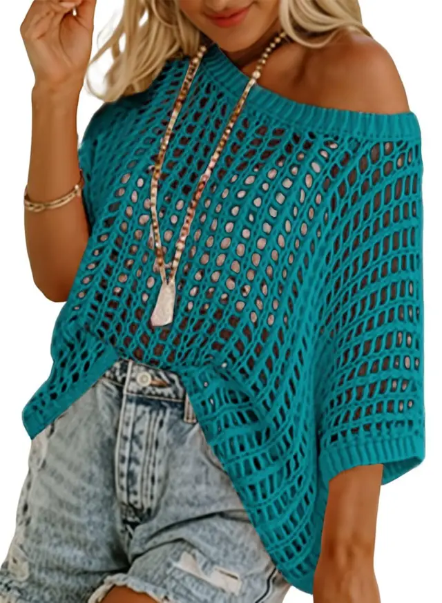 Half Sleeve Sexy Cutout Hollow Pullover Beach Cover up Knitted Top Peacock Blue - Shop at LoveMi