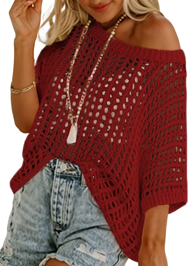 Half Sleeve Sexy Cutout Hollow Pullover Beach Cover up Knitted Top Wine Red - Shop at LoveMi