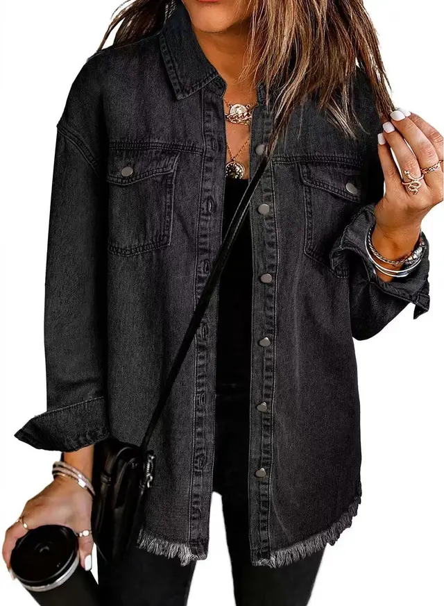 Washed Denim Shirt Women's Personalized Street Style Frayed Hem Coat Black - Shop at LoveMi
