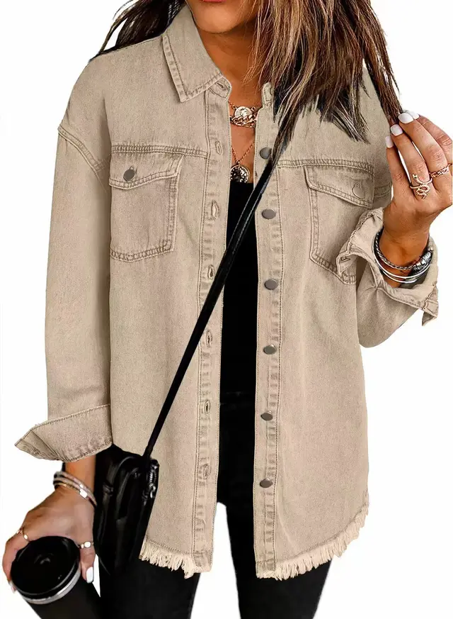 Washed Denim Shirt Women's Personalized Street Style Frayed Hem Coat Khaki - Shop at LoveMi