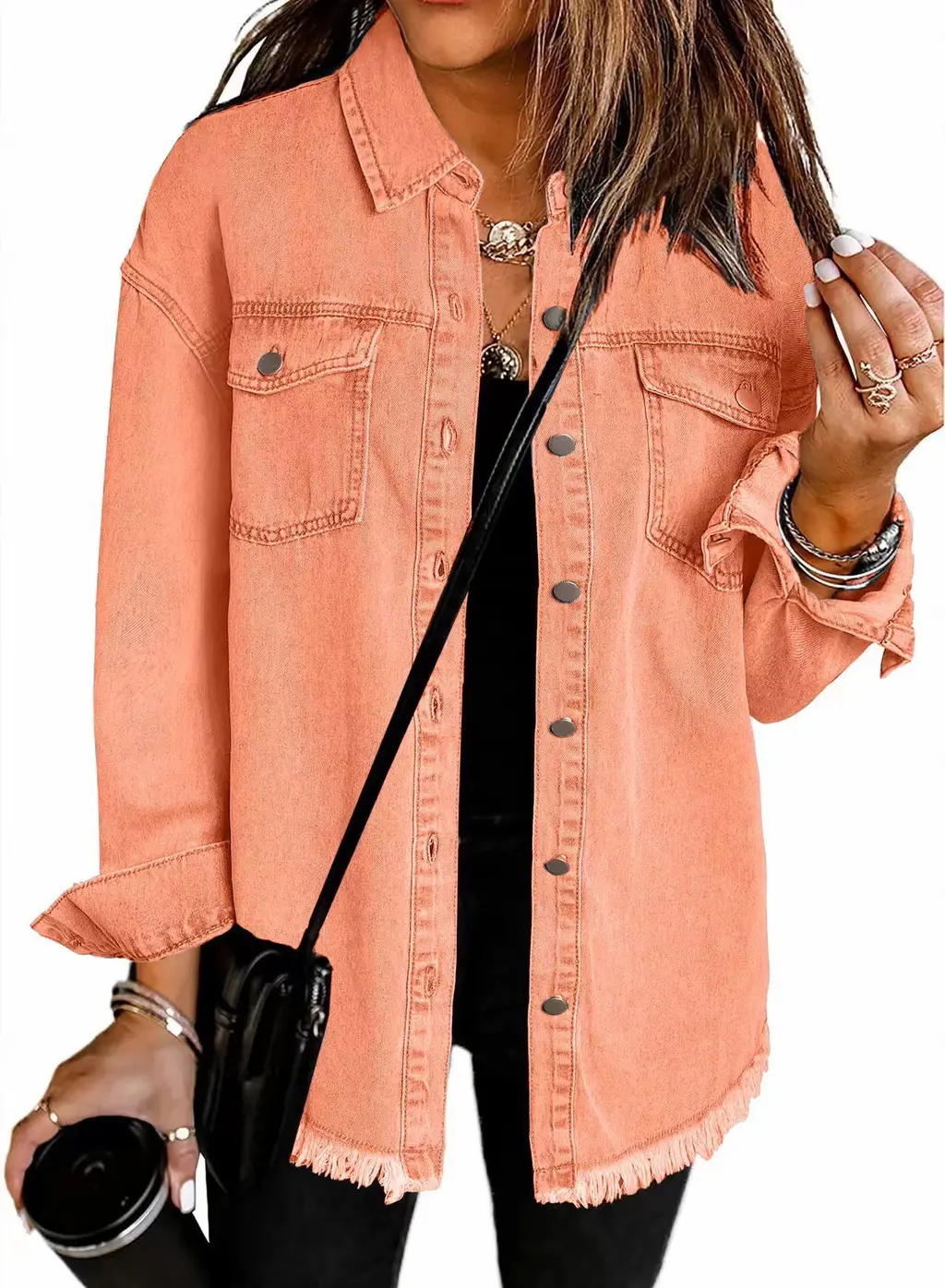 Washed Denim Shirt Women's Personalized Street Style Frayed Hem Coat - Orange - View 1