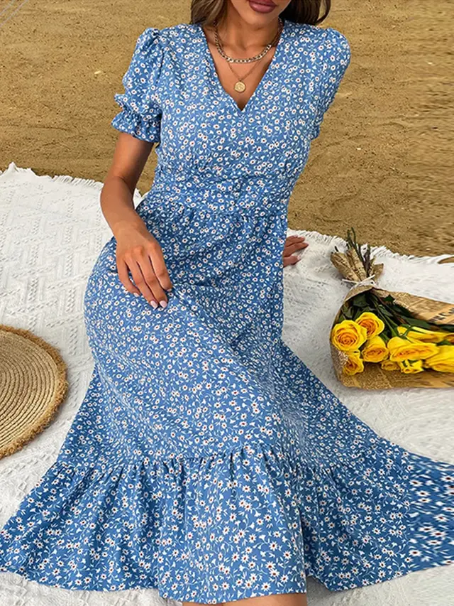 V neck Floral Tight Waist Women's Full length Dress Blue - Shop at LoveMi