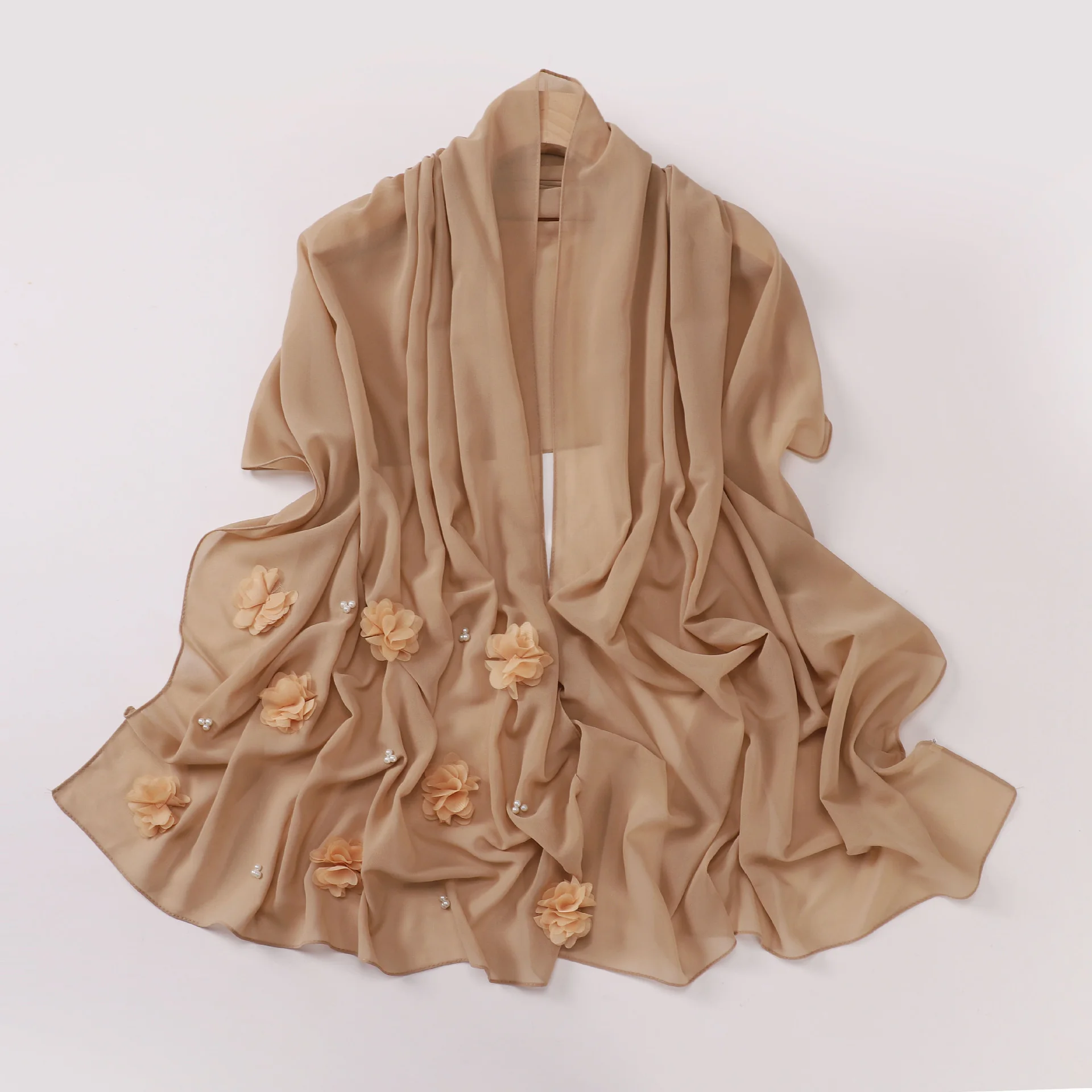 Pearl Chiffon Handmade Sticky Flower Beaded Scarf Hui Gauze - Khaki