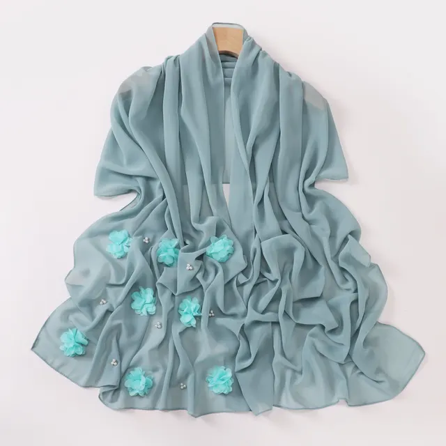 Pearl Chiffon Handmade Sticky Flower Beaded Scarf Hui Gauze Pea Green - Shop at LoveMi