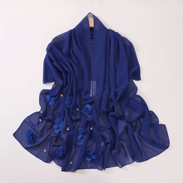 Pearl Chiffon Handmade Sticky Flower Beaded Scarf Hui Gauze Sapphire Blue - Shop at LoveMi