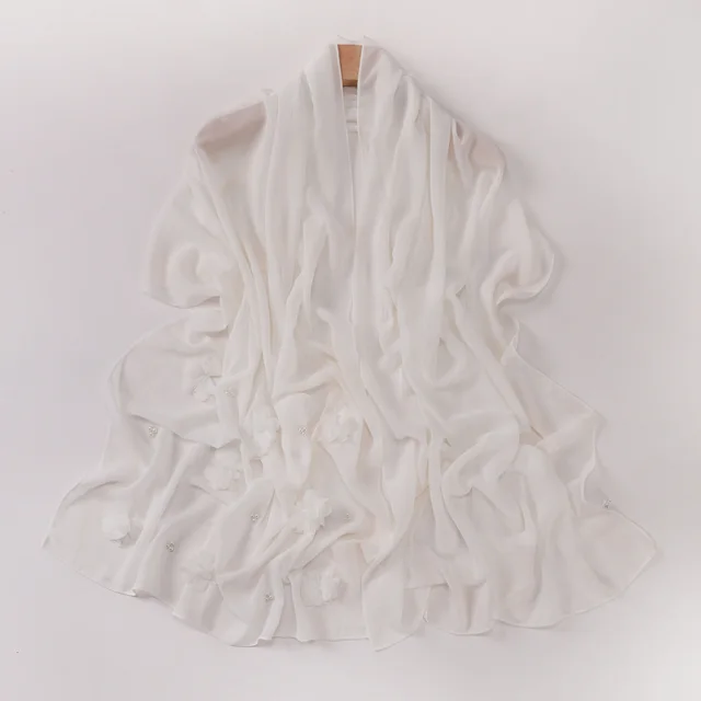 Pearl Chiffon Handmade Sticky Flower Beaded Scarf Hui Gauze White - Shop at LoveMi