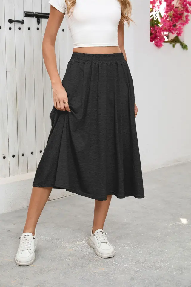 European And American High Waist Leisure Commute Loose Large Skirt Draping Midi Skirt Black - Shop at LoveMi