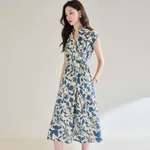 Cotton Blue And White Printed Shirt Collar Waist-tight Dress - White