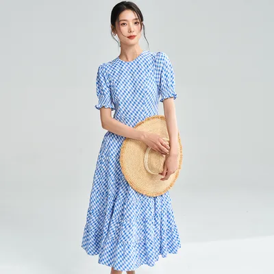 New Blue And White Plaid Elegant Waist tight Dress Women Blue - Shop at LoveMi