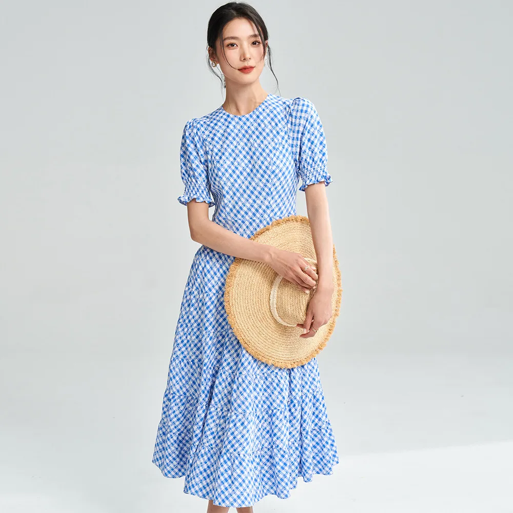 New Blue And White Plaid Elegant Waist-tight Dress Women - Blue - View 1
