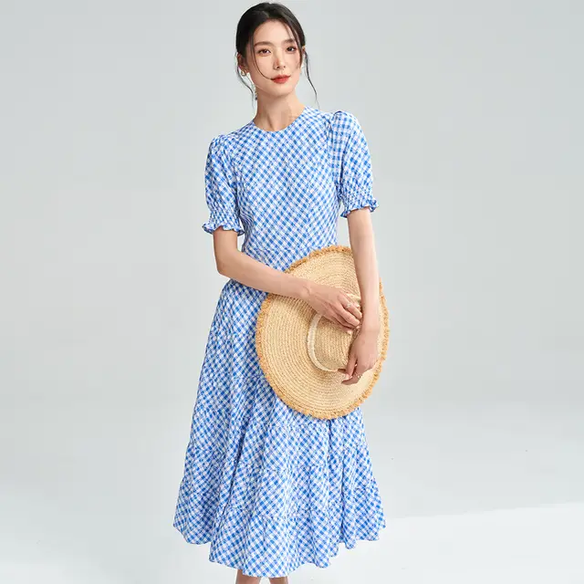 New Blue And White Plaid Elegant Waist tight Dress Women Blue - Shop at LoveMi