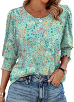 Women's Loose Casual Print Round Neck Top - Lake Green Florals - View 1