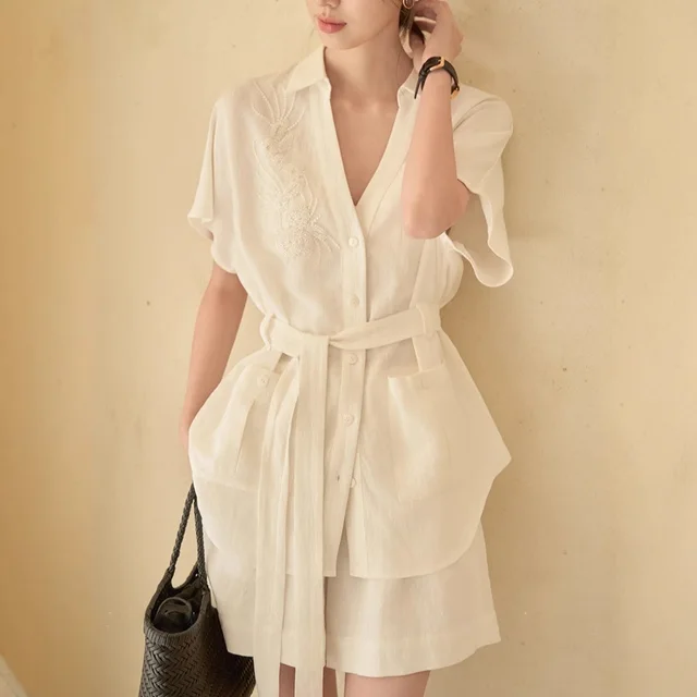 Imitation Cotton And Linen Texture Heavy Industry Short Sleeve Shirt Coat Shorts Suit Top - Shop at LoveMi