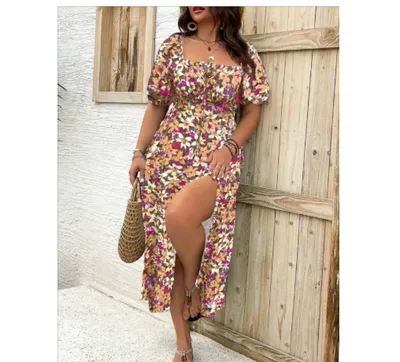 Women's Clothing Plus Size Floral Dress Summer Pink Yellow - Shop at LoveMi