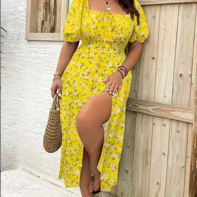 Women's Clothing Plus Size Floral Dress Summer Yellow - Shop at LoveMi