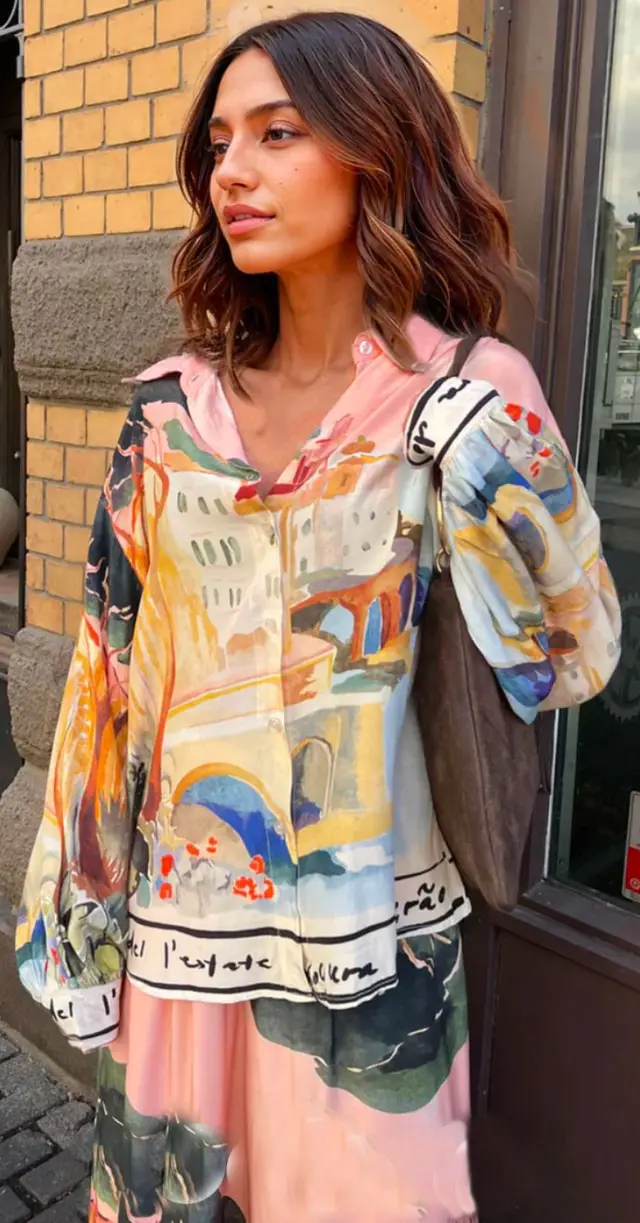 Women's French Printed Shirt Suit Pink Shirt - Shop at LoveMi