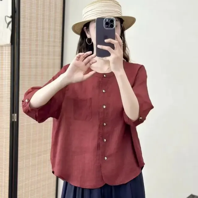 All matching Western Style Cotton And Linen Short Sleeve Shirt Dark Red - Shop at LoveMi