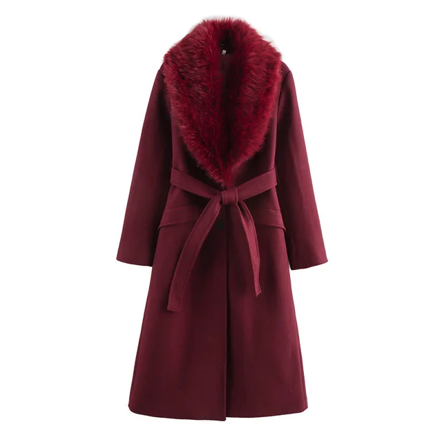 Women's Fashion Lace up Fur Collar Woolen Coat Red - Shop at LoveMi