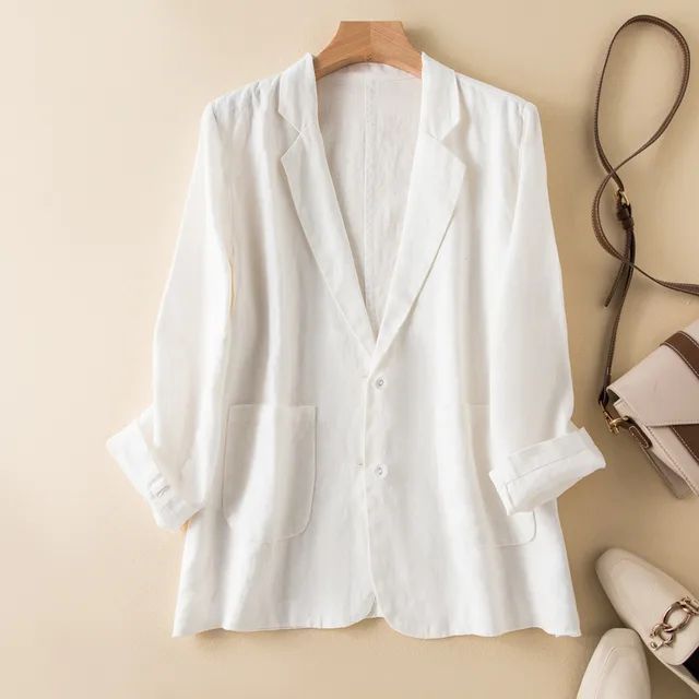 New Casual Cotton Linen Coat Long Sleeve Thin Suit For Women White - Shop at LoveMi