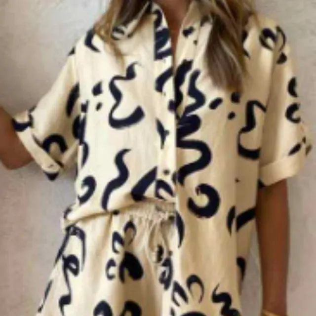 Women's Casual Versatile Creative Printed Shirt Set Beige Black - Shop at LoveMi