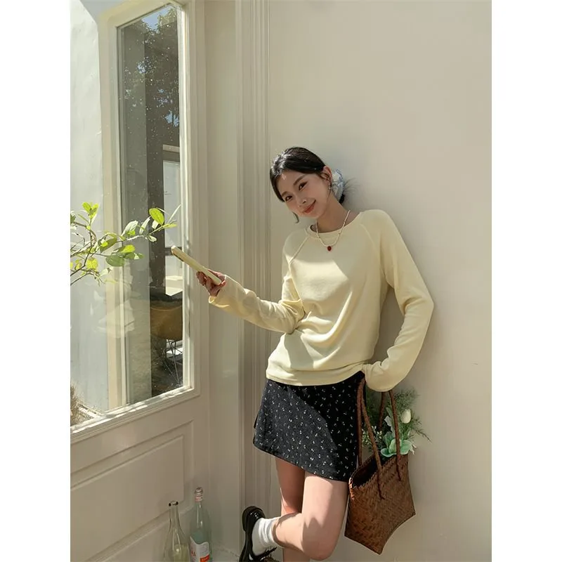 Women's Solid Color Simple Casual Versatile Top 3055 Custard M - Shop at LoveMi