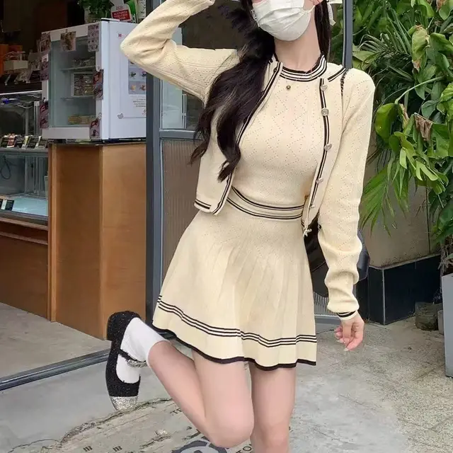 Classic Style Knitted Long Sleeve Cardigan Coat Inner Vest Women's Autumn Skirt Three piece Set Apricot Three - Shop at LoveMi