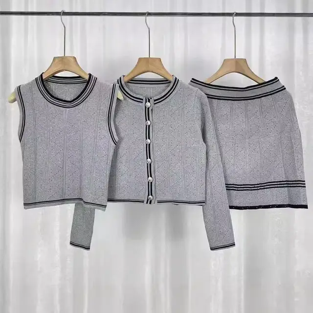 Classic Style Knitted Long Sleeve Cardigan Coat Inner Vest Women's Autumn Skirt Three piece Set Gray Three Pieces - Shop at LoveMi