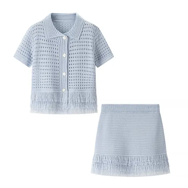 Tassel Short Sleeve Knitted Coat High Waist Mini Skirt Suit Blue - Shop at LoveMi