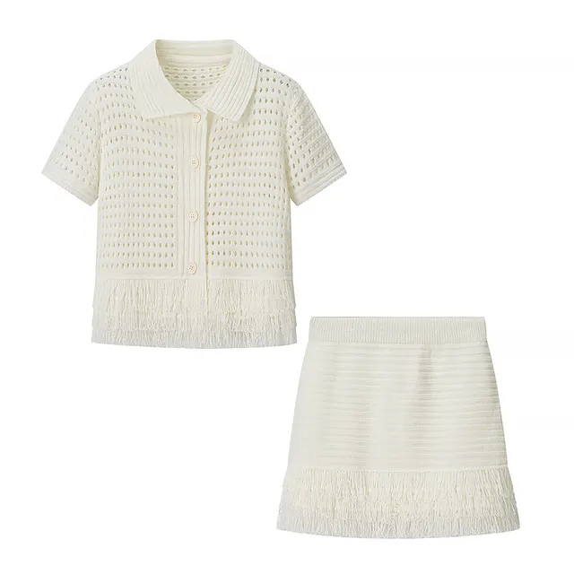 Tassel Short Sleeve Knitted Coat High Waist Mini Skirt Suit White - Shop at LoveMi