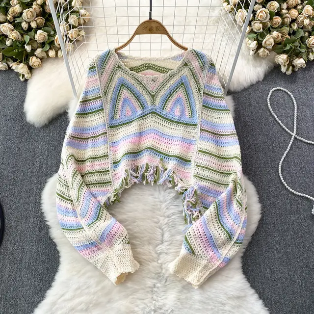 Short Tassel Cropped Thai Sweater Long Sleeve Blouse Green - Shop at LoveMi