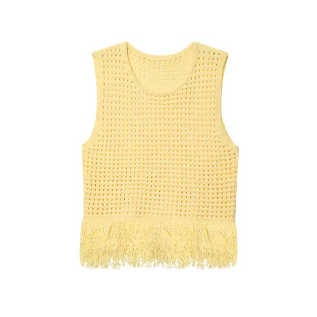 Women's Decorated Tassel Plaid Knitted Top Yellow - Shop at LoveMi