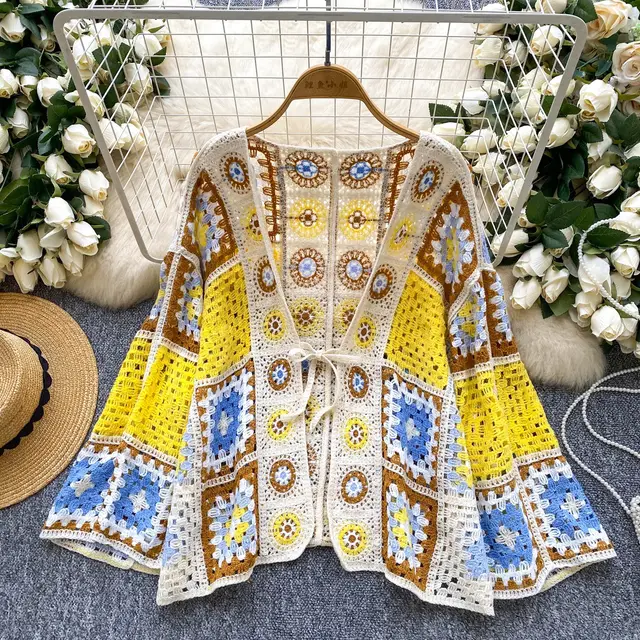 Bohemian Vacation Style Outer Wear Cardigan Women Idle Style Casual Loose Yellow - Shop at LoveMi