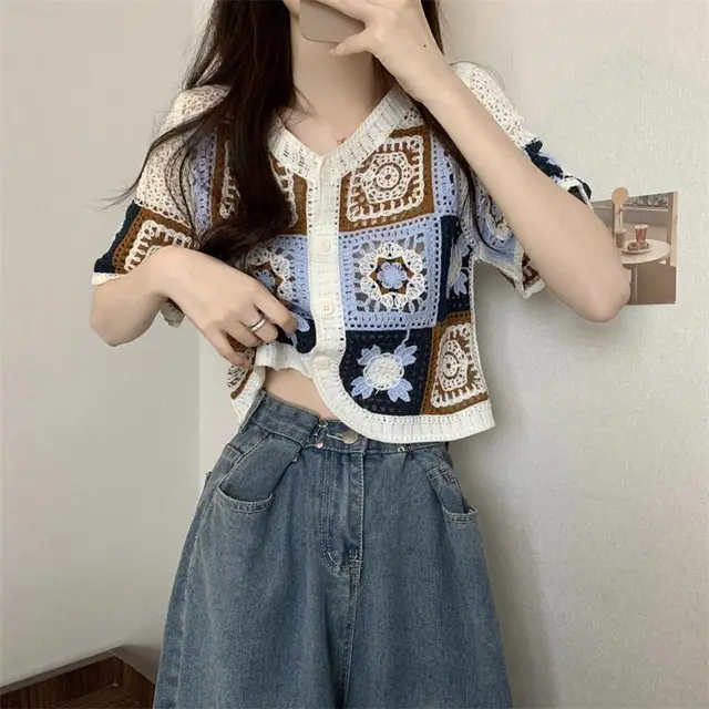 New Version Contrast Color Crocheted Hollow Cardigan Women V neck Blouse Blue - Shop at LoveMi