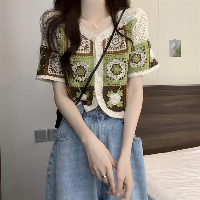New Version Contrast Color Crocheted Hollow Cardigan Women V neck Blouse Green - Shop at LoveMi