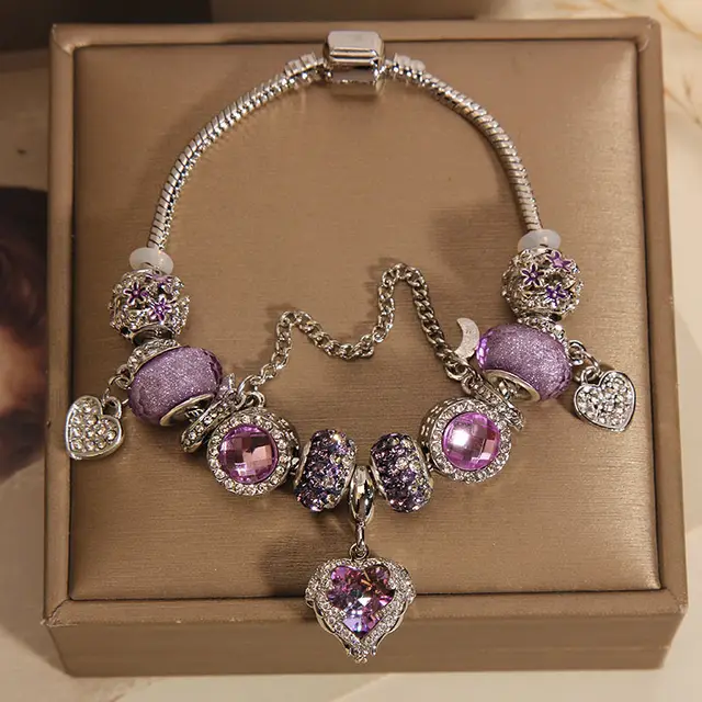 Special Interest Light Luxury Purple Glass Bead Love Pendant Bracelet Purple Glass Bead Love Pendant - Shop at LoveMi