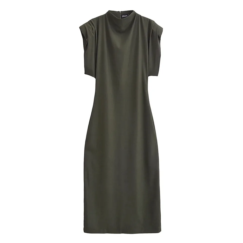 Women's Fashion With Padded Shoulder Slim Knit Dress - Army Green