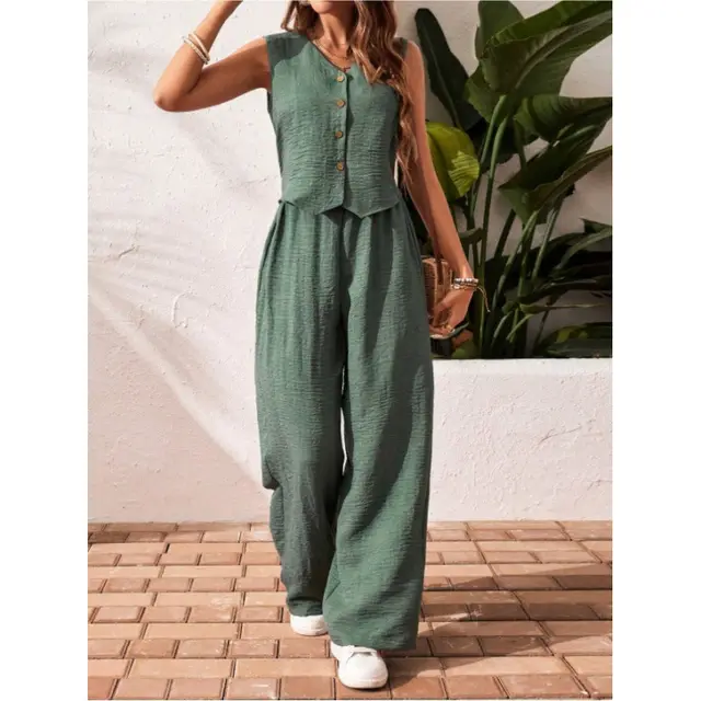 Linen Leisure Commute Front Button Vest And Trousers Army Green - Shop at LoveMi